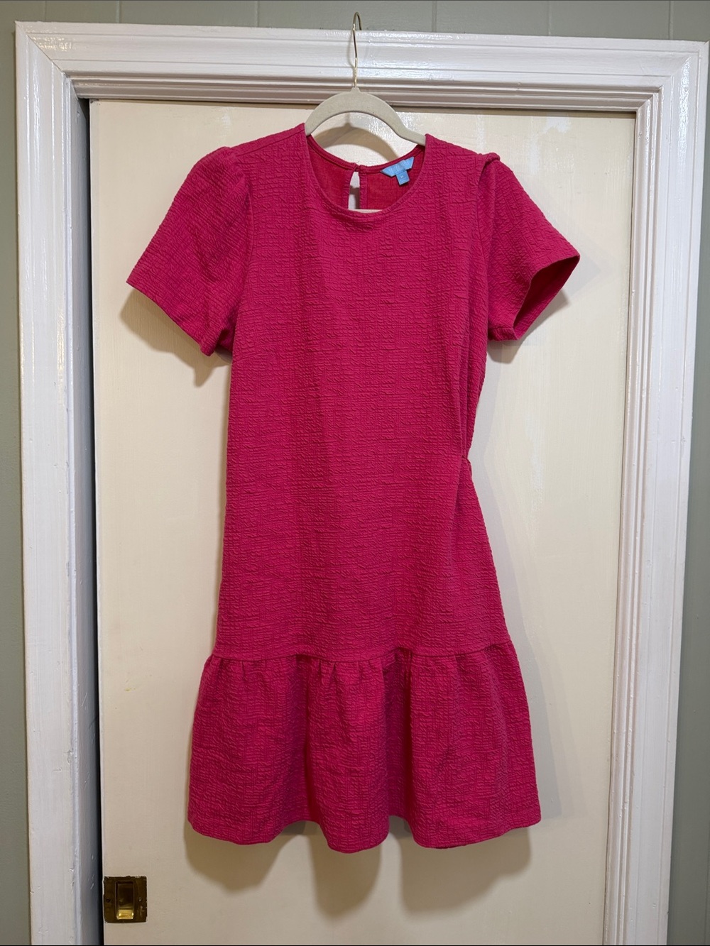 Draper James Hot Pink Textured Short Sleeve Ruffle-Hem Dress